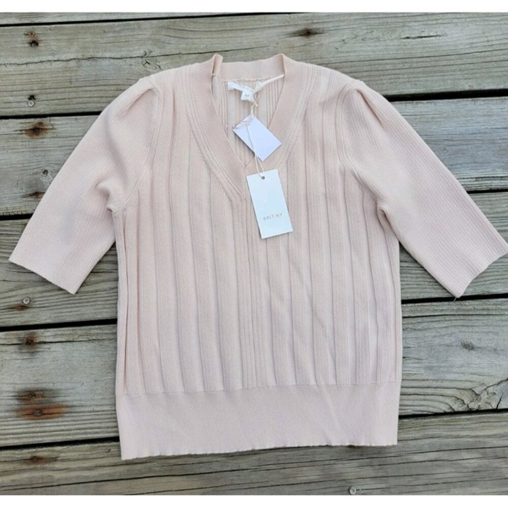 Brit Ny Women Top Medium Pink Rayon Blend Short Sleeve Knit Casual Fit Top